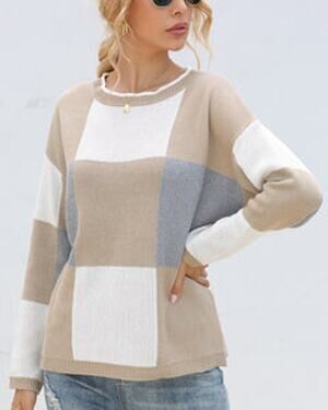 Paper Crane Plaid Knit Oversize Colorblock Sweater Brown Pullover Crew Neck Sz M